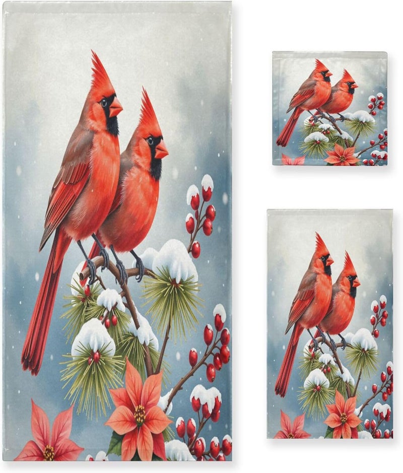 Dussdil Christmas Flowers Winter Cardinals Bathroom Towel Set of 3 Pcs Poinsettia Hand Fingertip Towels 1 Bath Towel 1 Hand Towel 1 Washcloth for Home Bathroom Beach Swim Soft Highly Absorbent Decor - Image 1